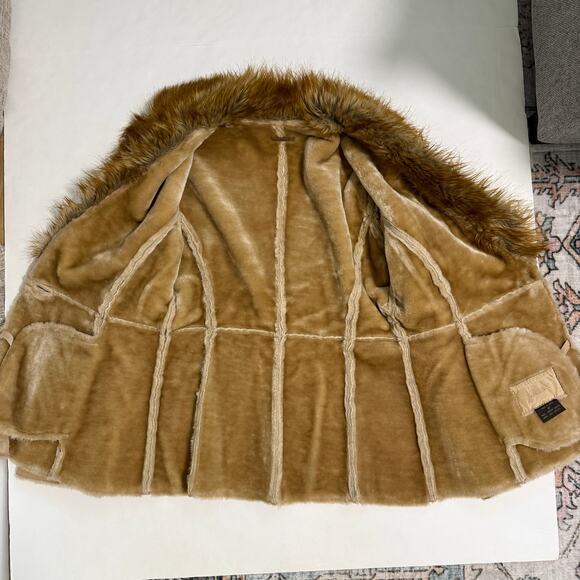 VTG Guess Womens Leather Coat Jacket Faux Fur Collar M Tan Y2K Indie Grunge 70s - Picture 6 of 16